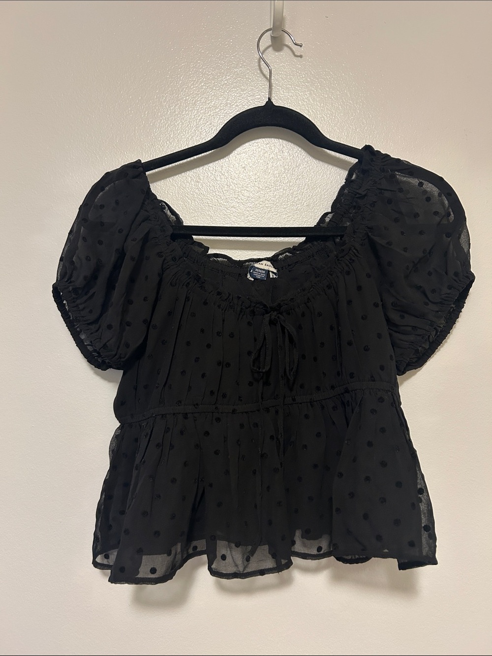 American Eagle Outfitters Black Swiss Dot Peasant Top